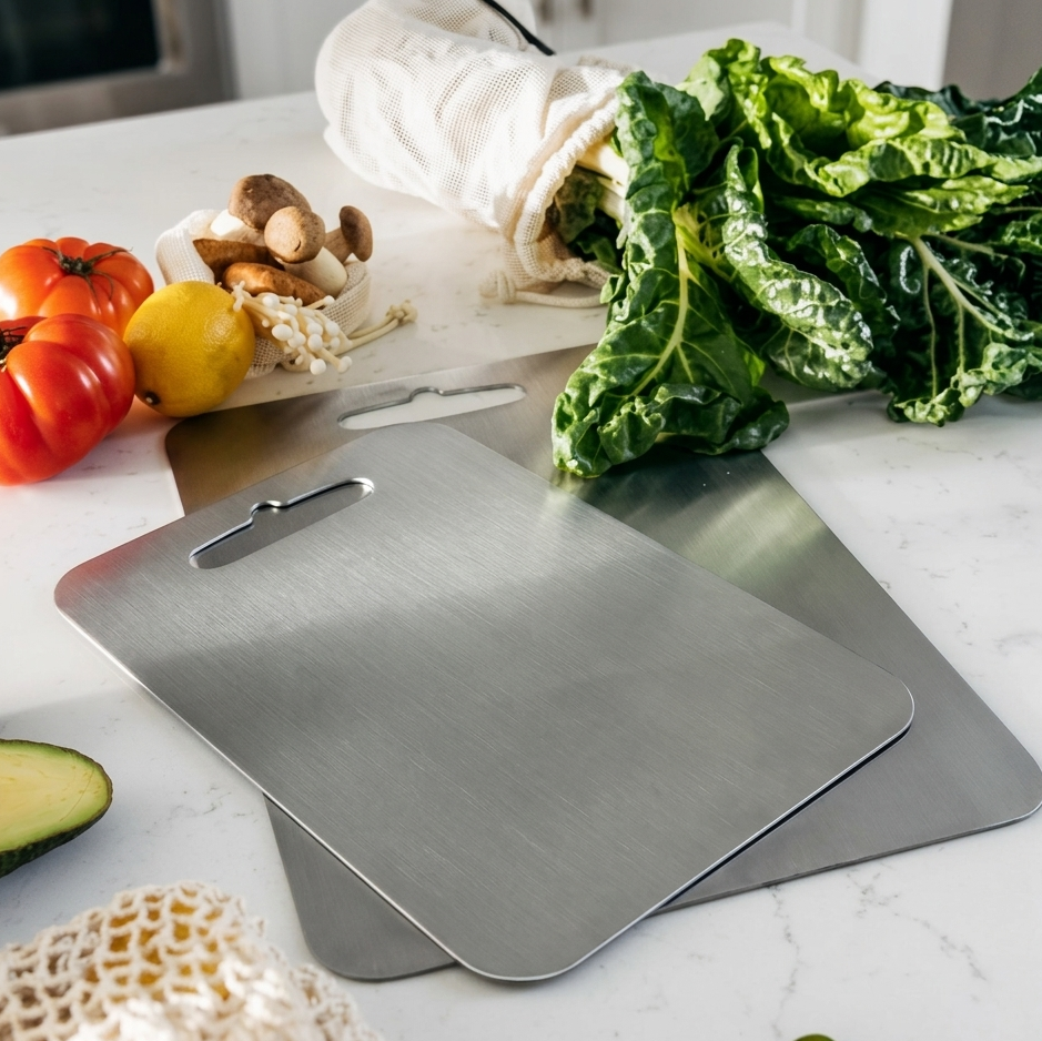 Two metal cutting boards on a kitchen counter with vegetables and a knife.