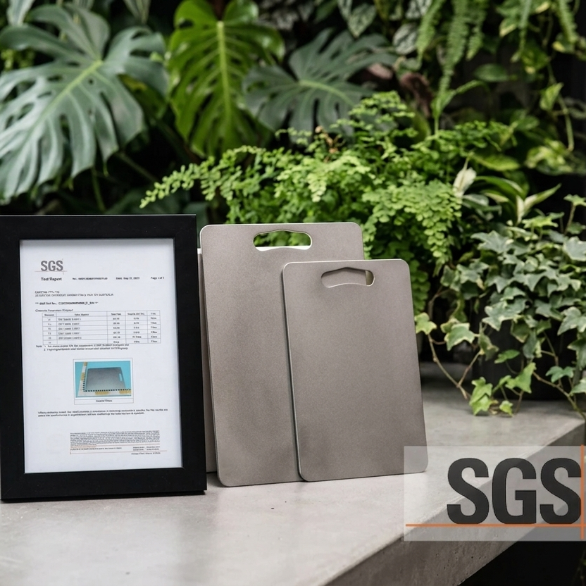 SGS certification frame and cutting boards on a table with plants in the background